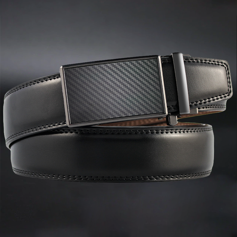 Black leather belt with a carbon fiber pattern buckle on a dark background