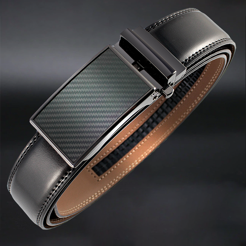 Black leather belt with a carbon fiber buckle on a dark background