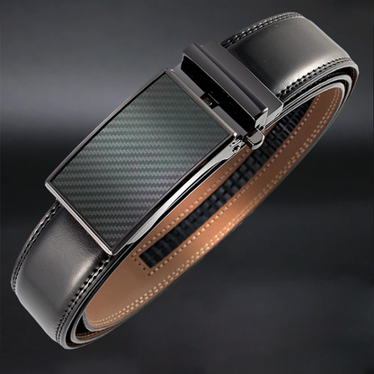 Black leather belt with a carbon fiber buckle on a dark background