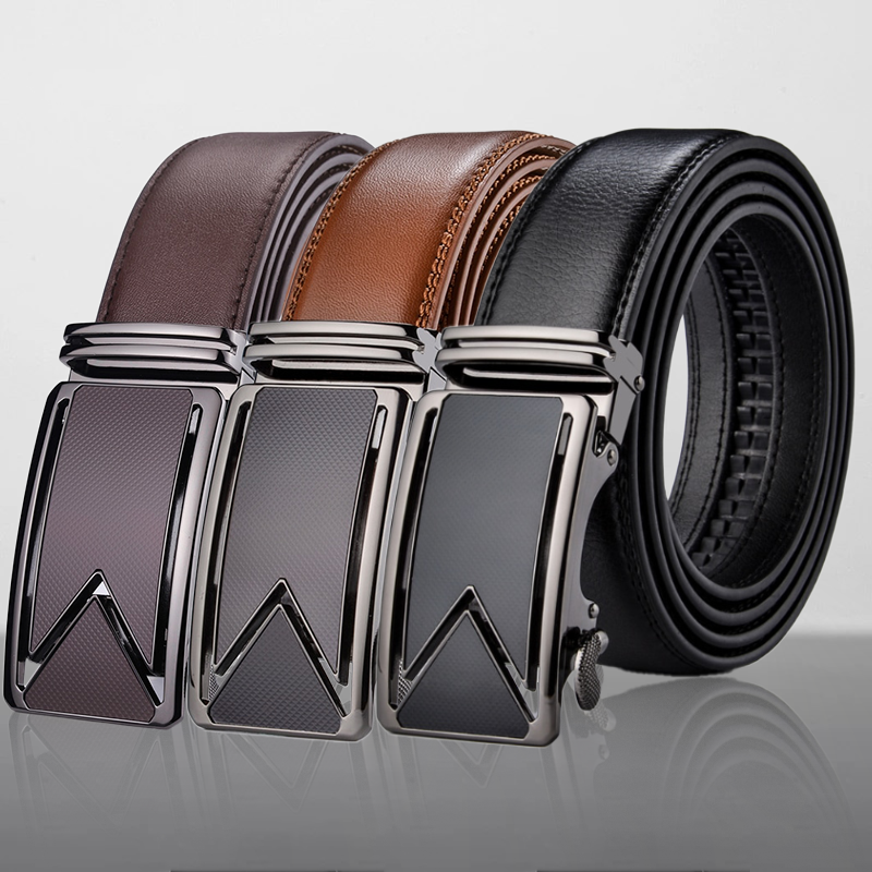 Three belts in brown, black, and brown with a silver buckle on a gray background