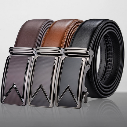 Three belts in brown, black, and brown with a silver buckle on a gray background