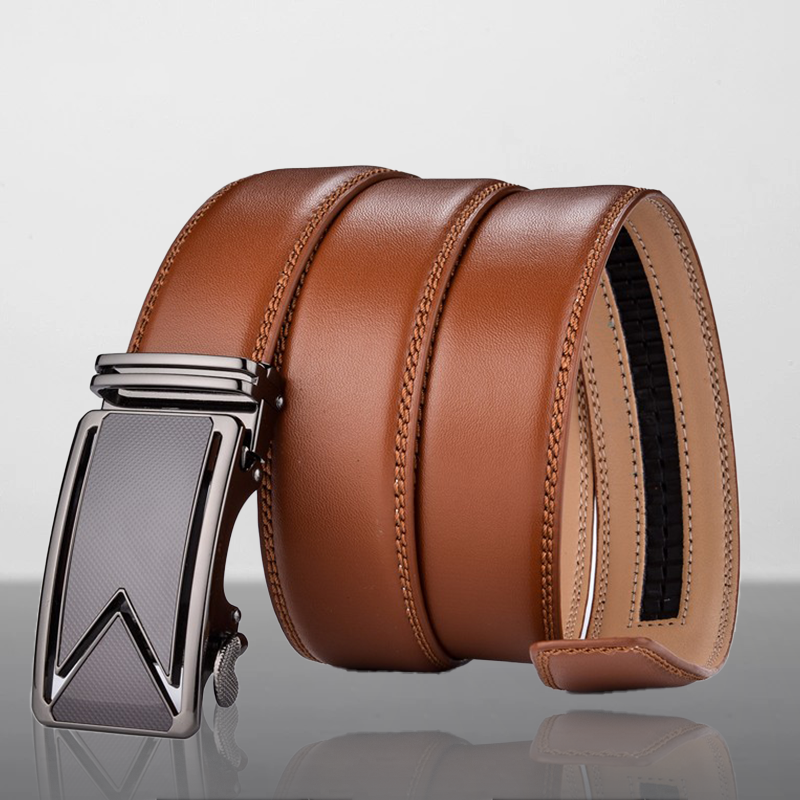 Brown leather belt with a silver buckle on a reflective surface