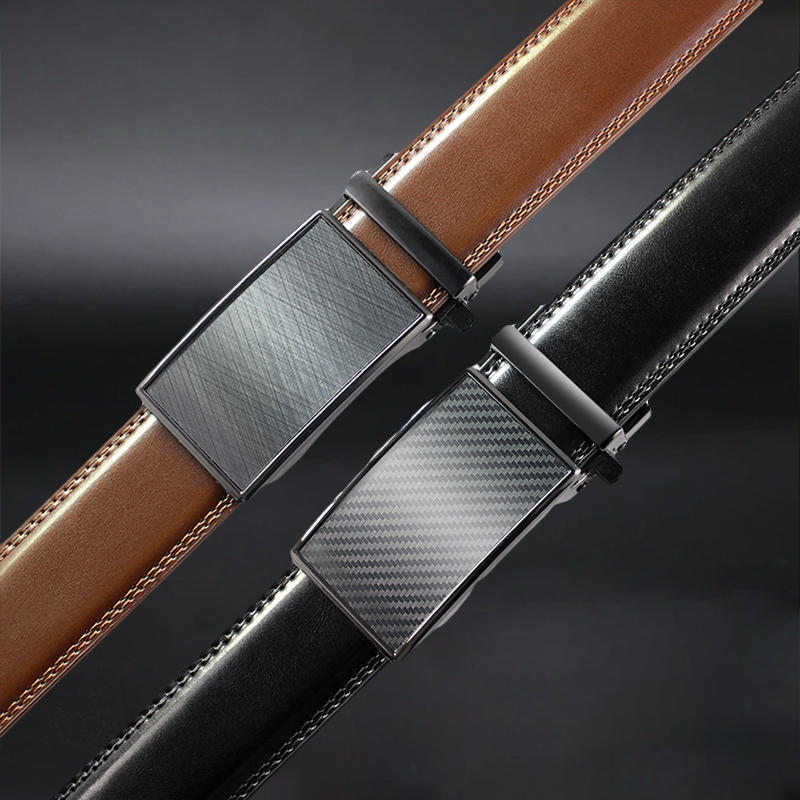 Two belts with carbon fiber buckles on a dark background