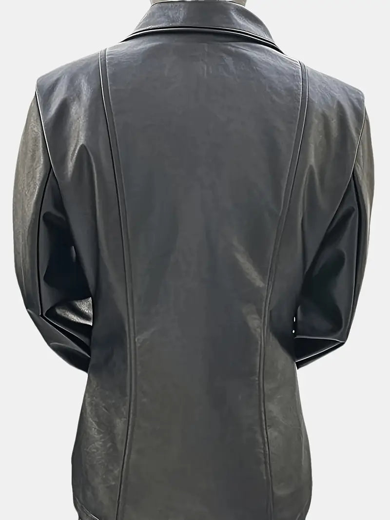 Black leather jacket on a mannequin against a white background