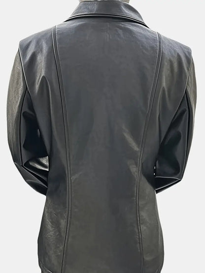 Black leather jacket on a mannequin against a white background