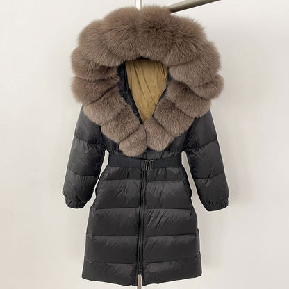 Black puffer coat with large fur hood on a white background