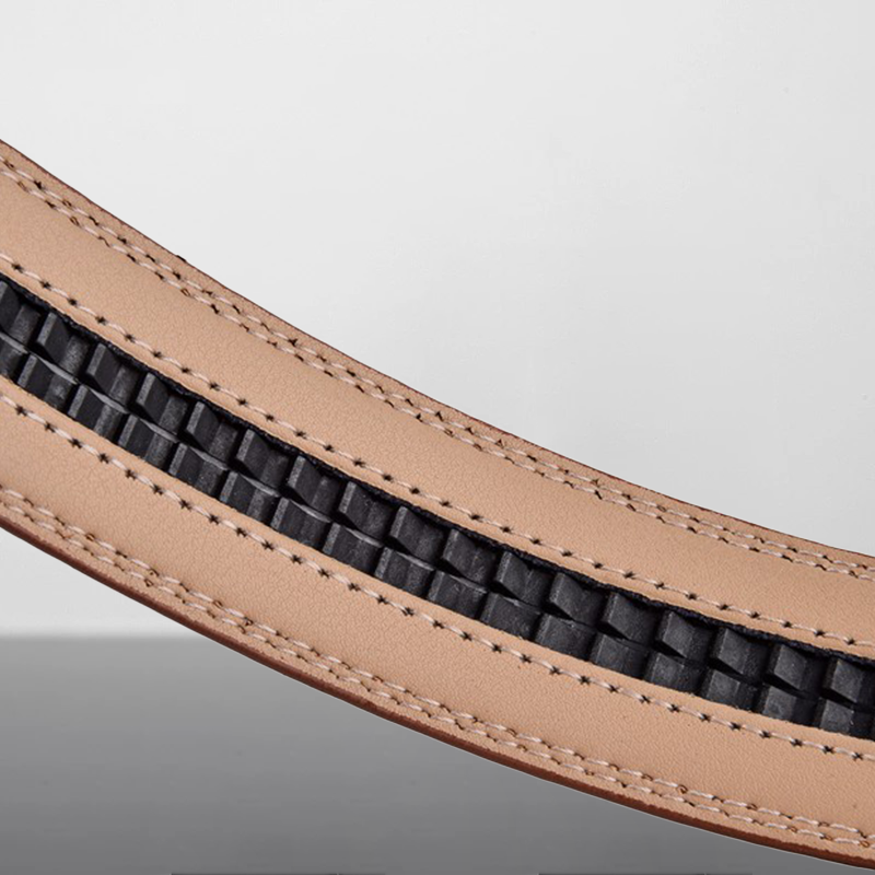 Close-up of a brown leather belt with black rubberized strip on a light gray background