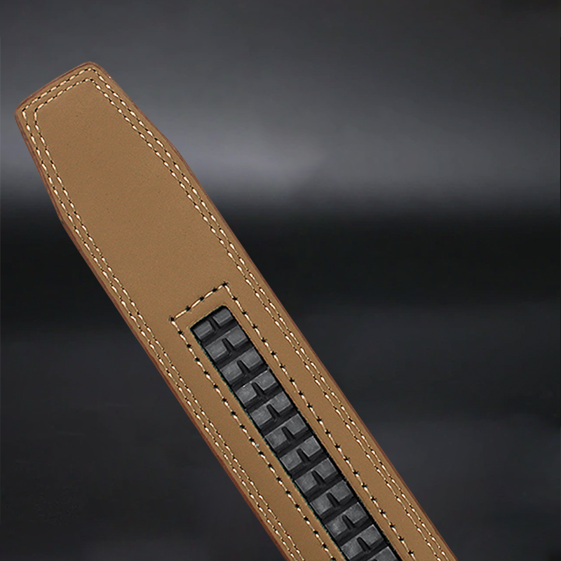Close-up of a brown leather seat belt with stitching detail on a dark background