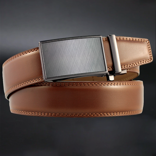 Brown leather belt with a silver buckle on a dark background