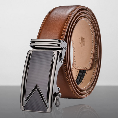 Brown leather belt with a silver buckle on a reflective surface