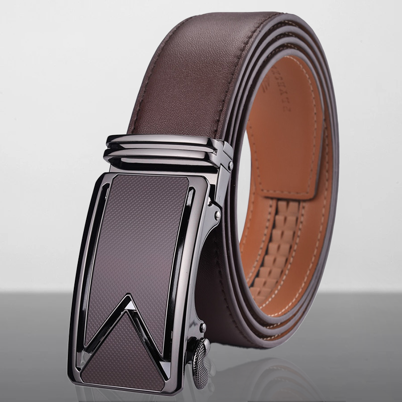 Brown leather belt with a silver buckle on a light gray background