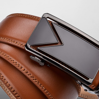 Brown leather belt with a black metal buckle on a light gray background