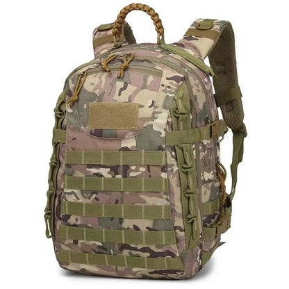 Camouflage backpack with green straps on a white background