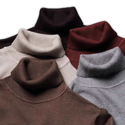 Collection of turtleneck sweaters in various colors on a white background
