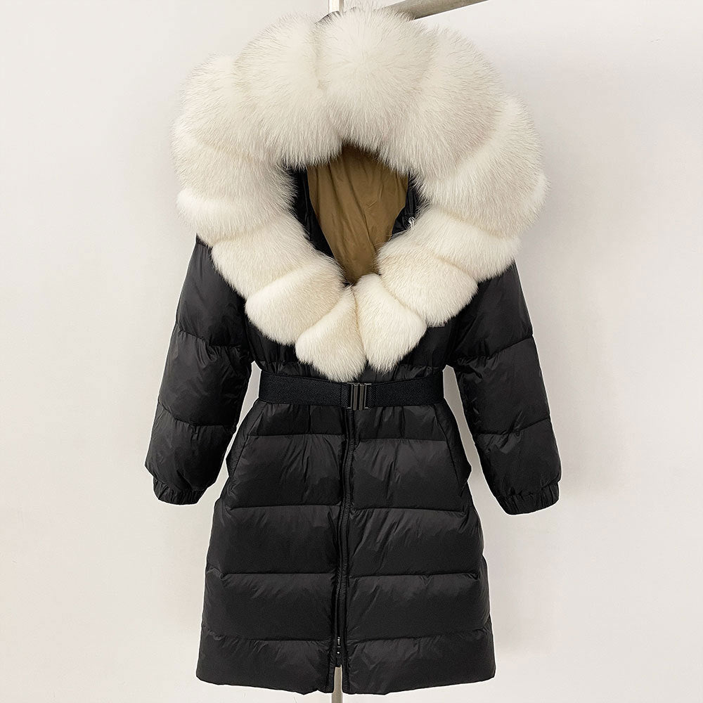 Black puffer coat with white fur hood on a white background