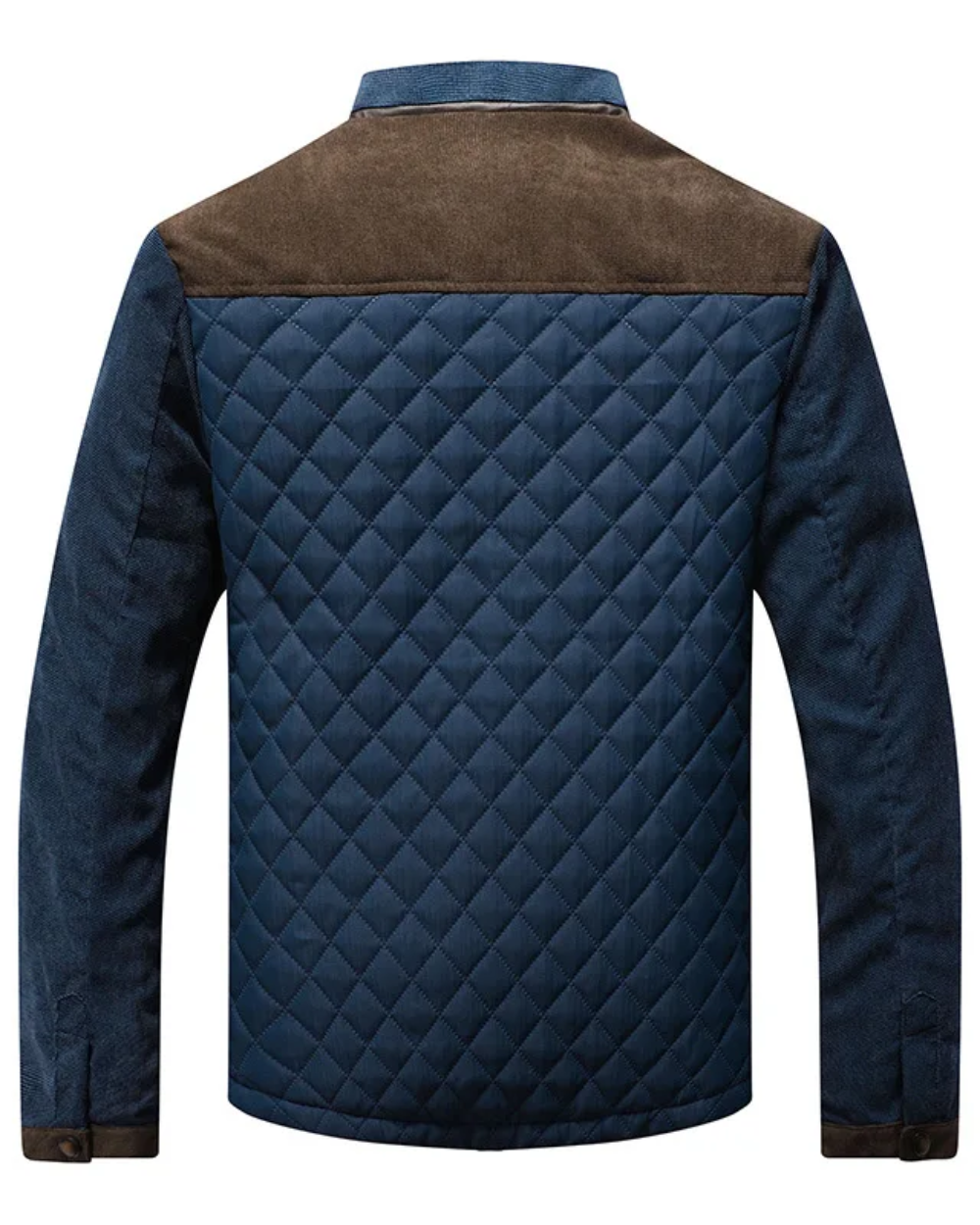 Quilted jacket with brown collar and blue diamond pattern on a white background