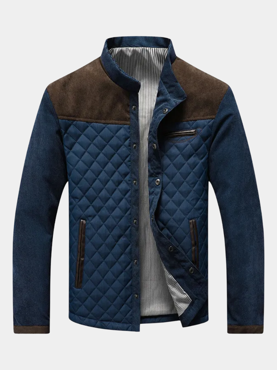 Blue quilted jacket with brown accents on a white background