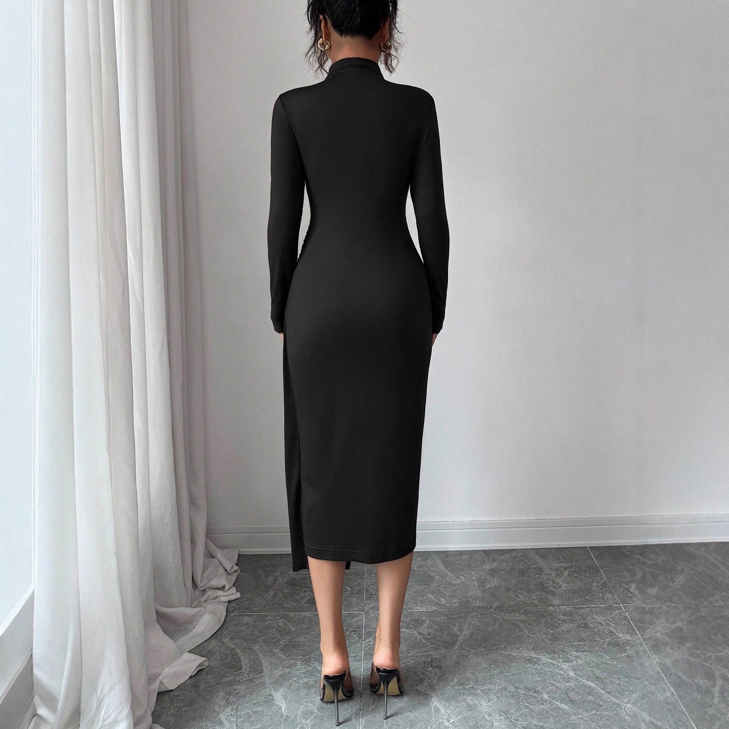 Elegancka Sukienka Midi ze Stójką na Wiosnę (Damskie)