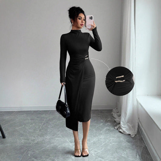 Elegancka Sukienka Midi ze Stójką na Wiosnę (Damskie)