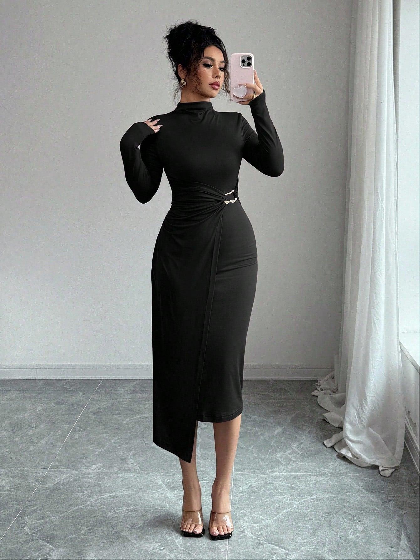 Elegancka Sukienka Midi ze Stójką na Wiosnę (Damskie)