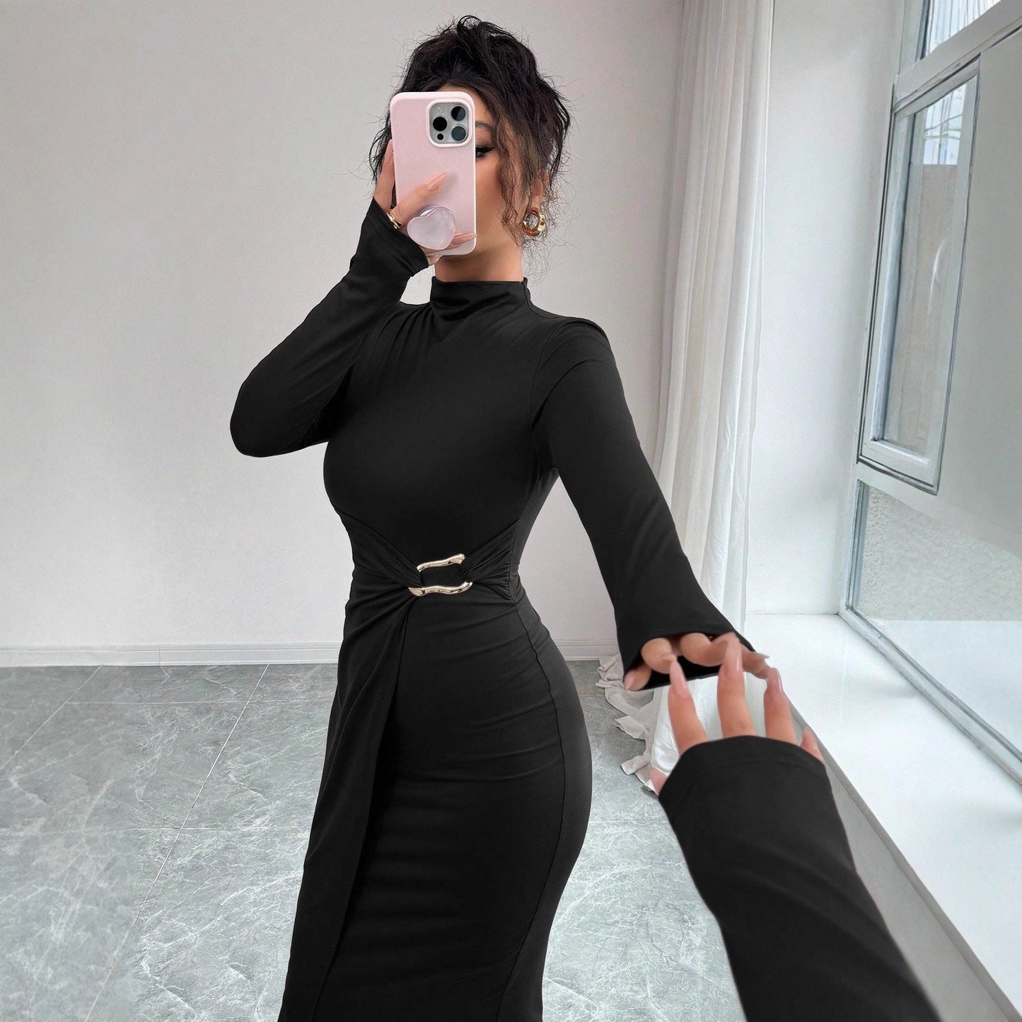 Elegancka Sukienka Midi ze Stójką na Wiosnę (Damskie)