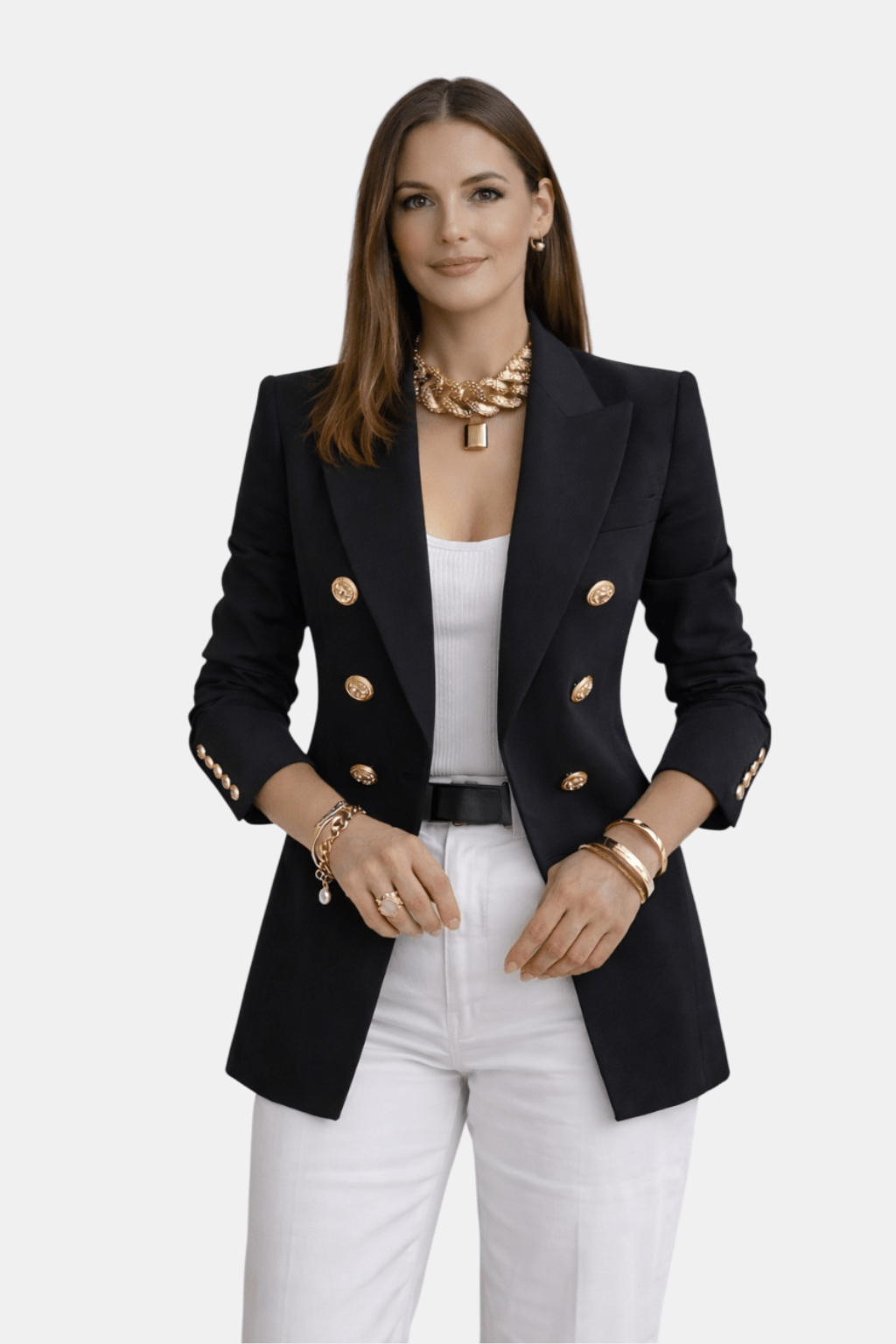 Elegancka Wiosenna Marynarka Dwurzędowa ze Złotymi Guzikami (Damska)