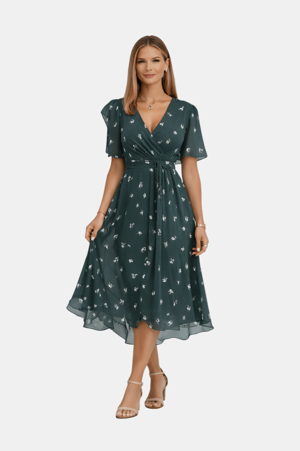 Elegancka Wiosenna Sukienka Kopertowa Midi z Dekoltem V (Damska)