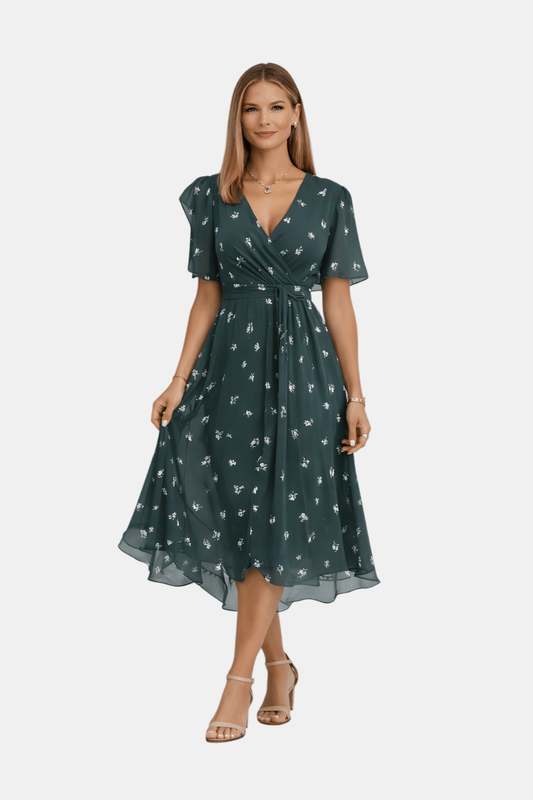 Elegancka Wiosenna Sukienka Kopertowa Midi z Dekoltem V (Damska)