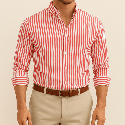 Red and white striped shirt worn by a person on a beige background