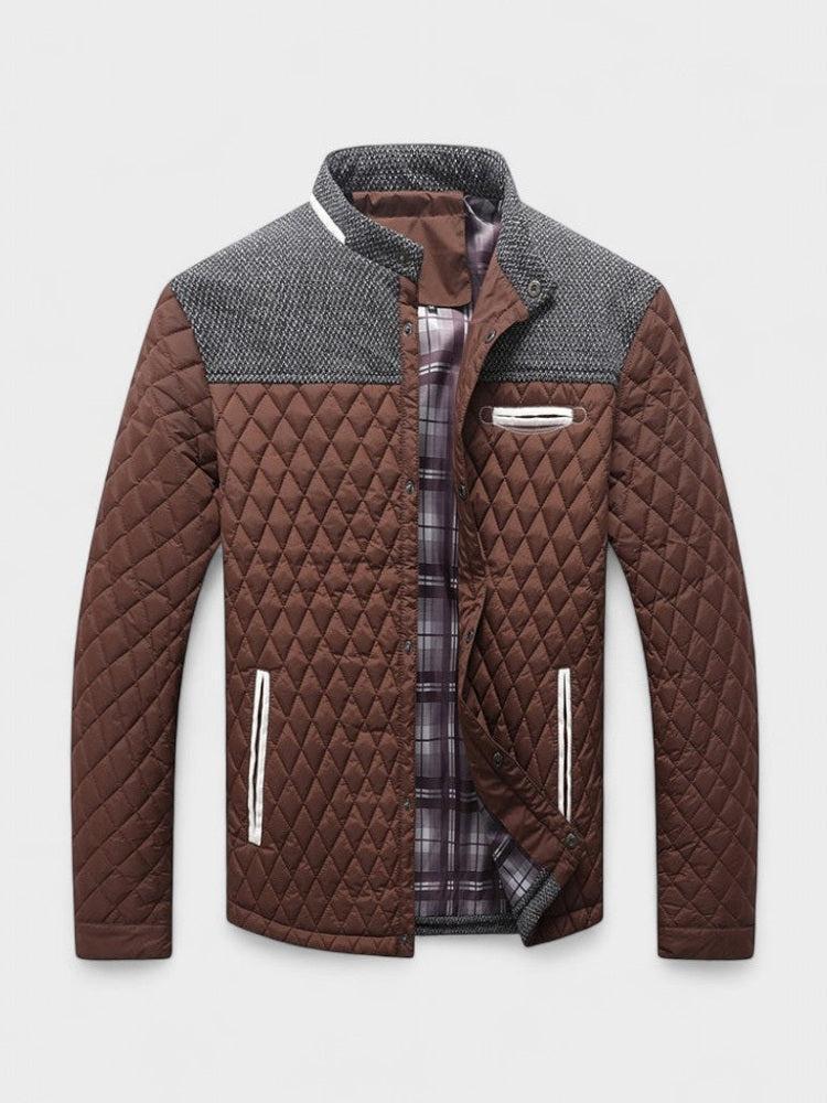 Quilted jacket with brown and gray pattern on a light gray background
