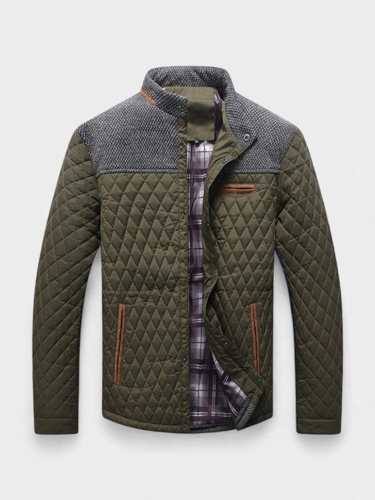 Quilted jacket with plaid lining on a light gray background