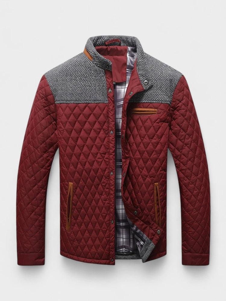 Quilted jacket with red and gray pattern on a white background
