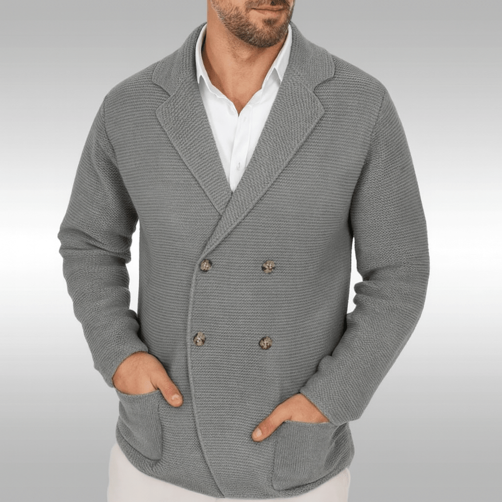 Gray textured blazer worn by a person on a light gray background