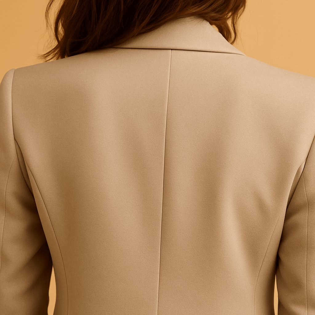Close-up of a beige suit jacket on a beige background