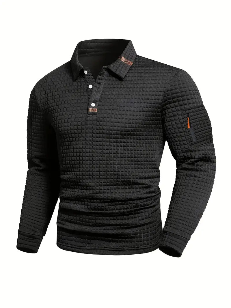 Black textured long-sleeve polo shirt on a white background