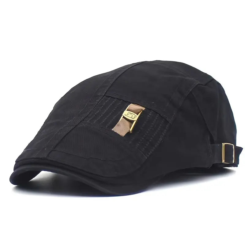 Black cap with gold accents on a white background