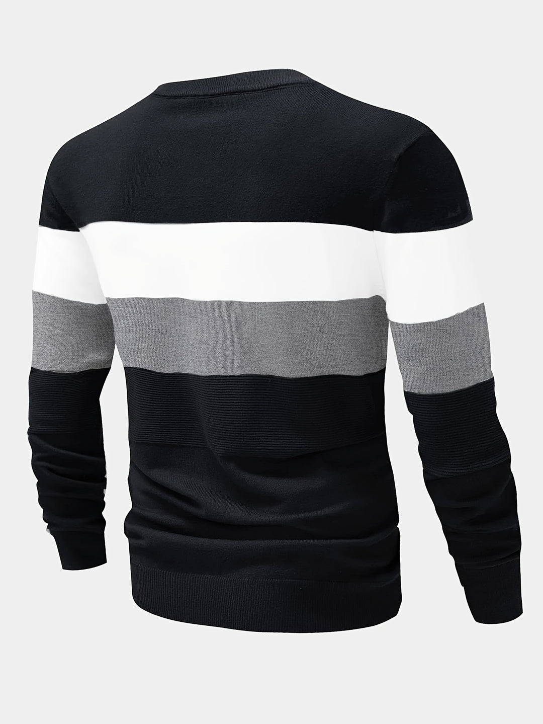 Black, white, and gray striped sweater on a light gray background