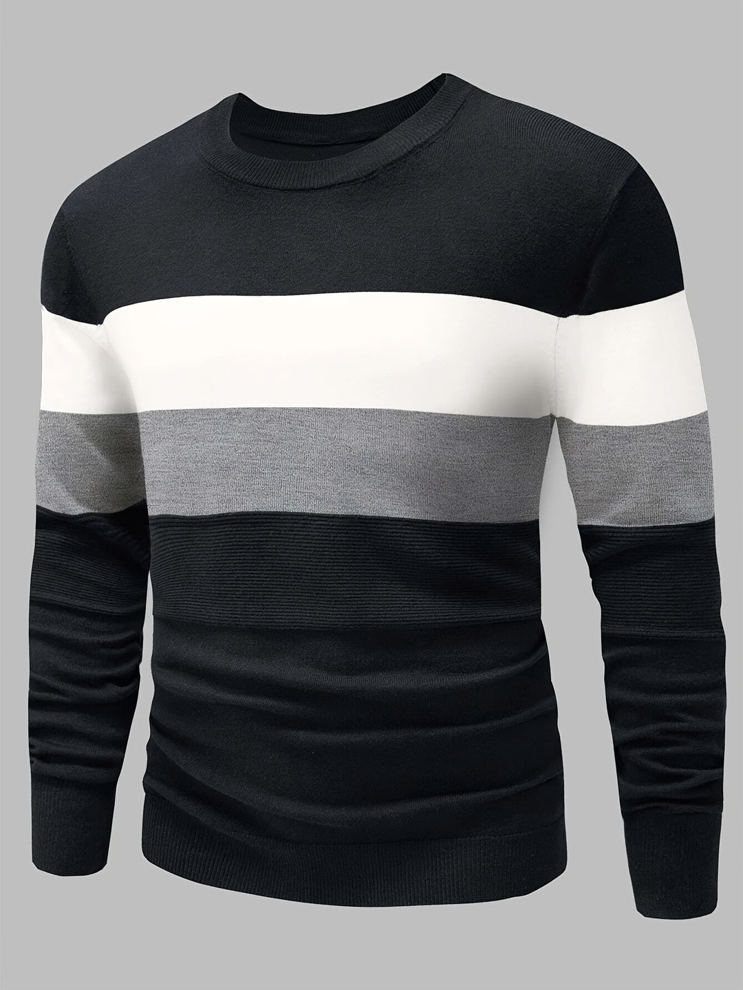 Black sweater with white and gray horizontal stripes on a gray background