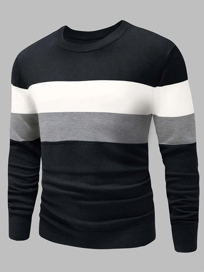 Black sweater with white and gray horizontal stripes on a gray background