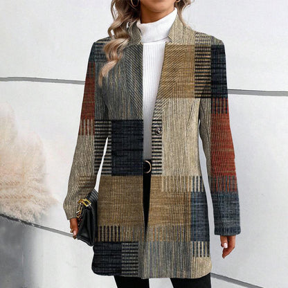 Person wearing a plaid coat with a white background