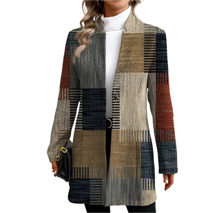 Plaid patterned coat worn by a person on a white background