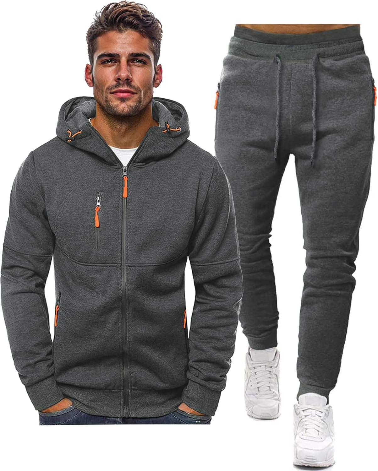 Gray hoodie and jogger pants set with orange accents worn by a man on a white background