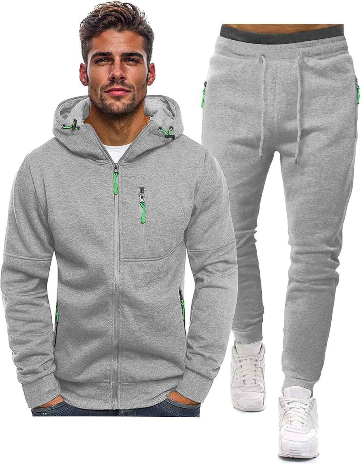 Man wearing a gray hoodie and jogger pants with white sneakers, on a white background.