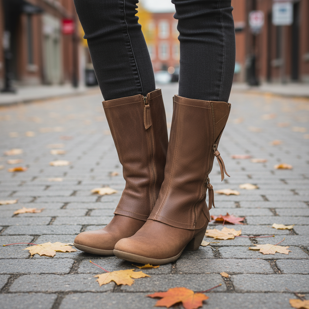 Brown knee-high boots on a person standing on a street with autumn leaves.