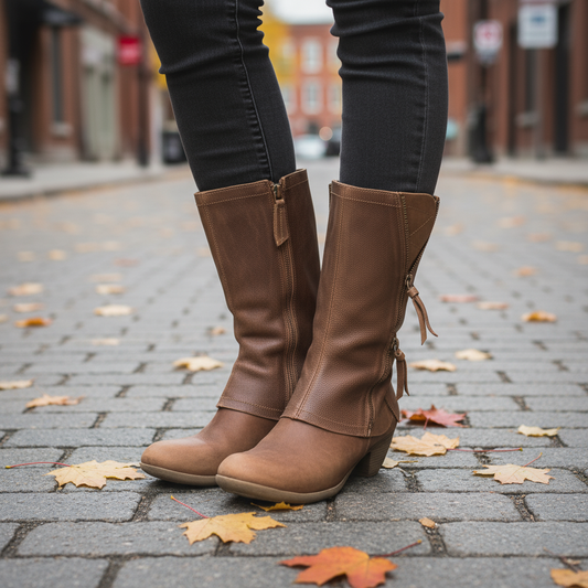 Brown knee-high boots on a person standing on a street with autumn leaves.