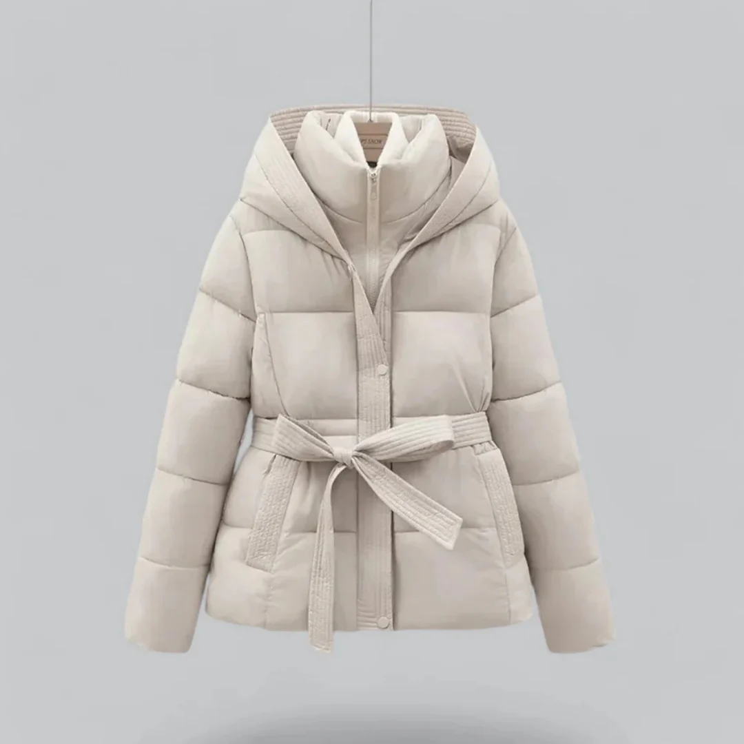 Beige puffer jacket with a belt on a light gray background