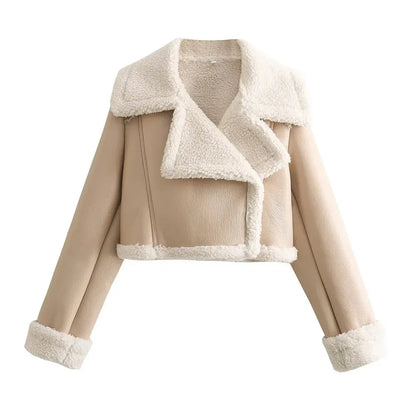 Beige jacket with white fur trim on a white background