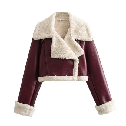 Maroon leather jacket with white fur trim on a white background
