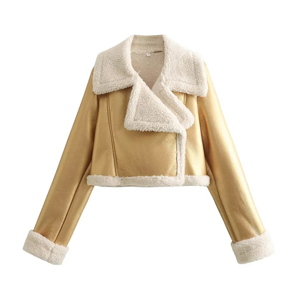 Beige jacket with white fur trim on a white background