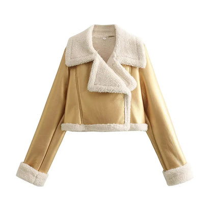 Beige jacket with white fur trim on a white background